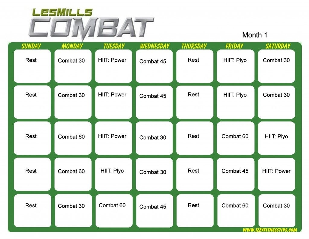 Les Mills Combat Month 1 | Hip Hop Abs, Workout Calendar
