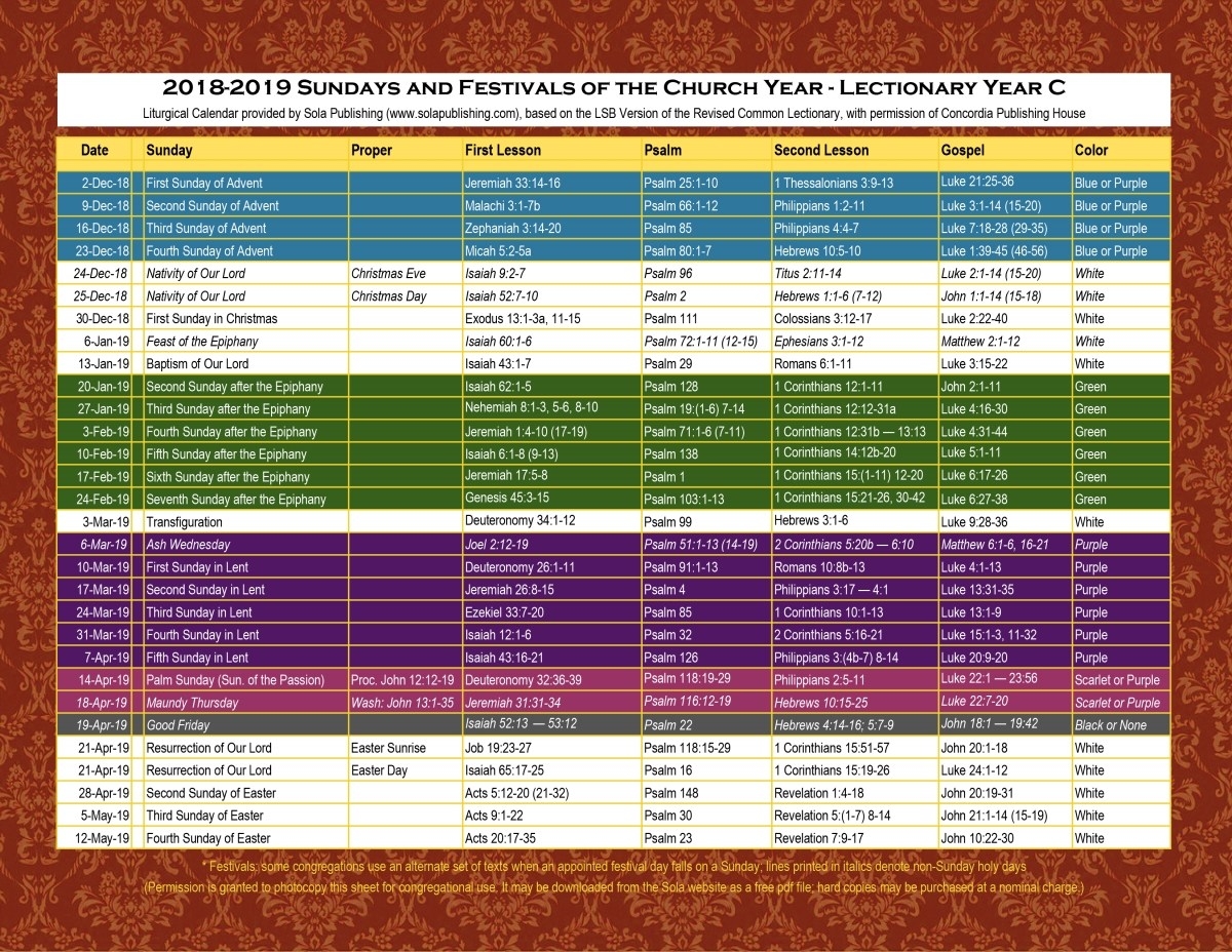 Lectionary Free Printable Liturgical Calendar 2021 Year C Catholic