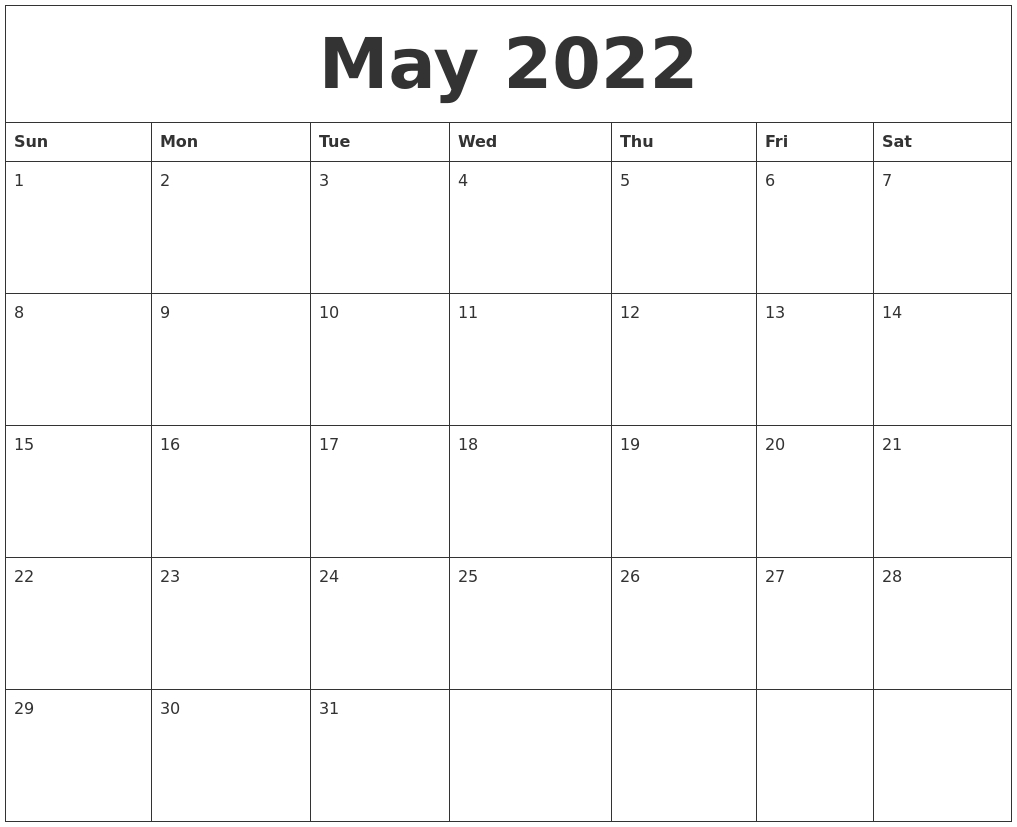 May 2022 Calendar Month