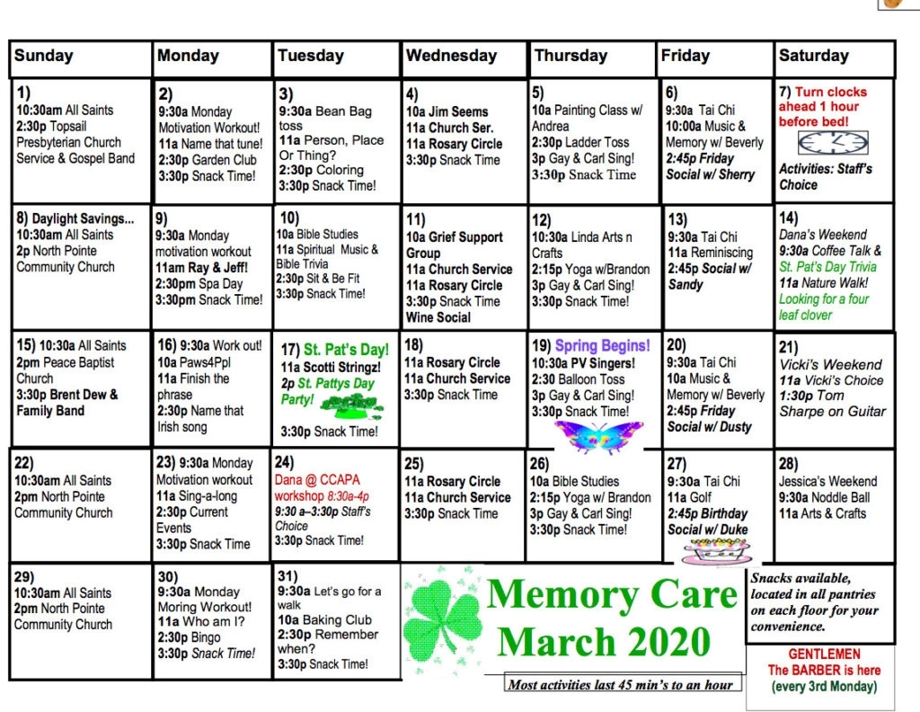 Memory Care Calendar - The Davis Community