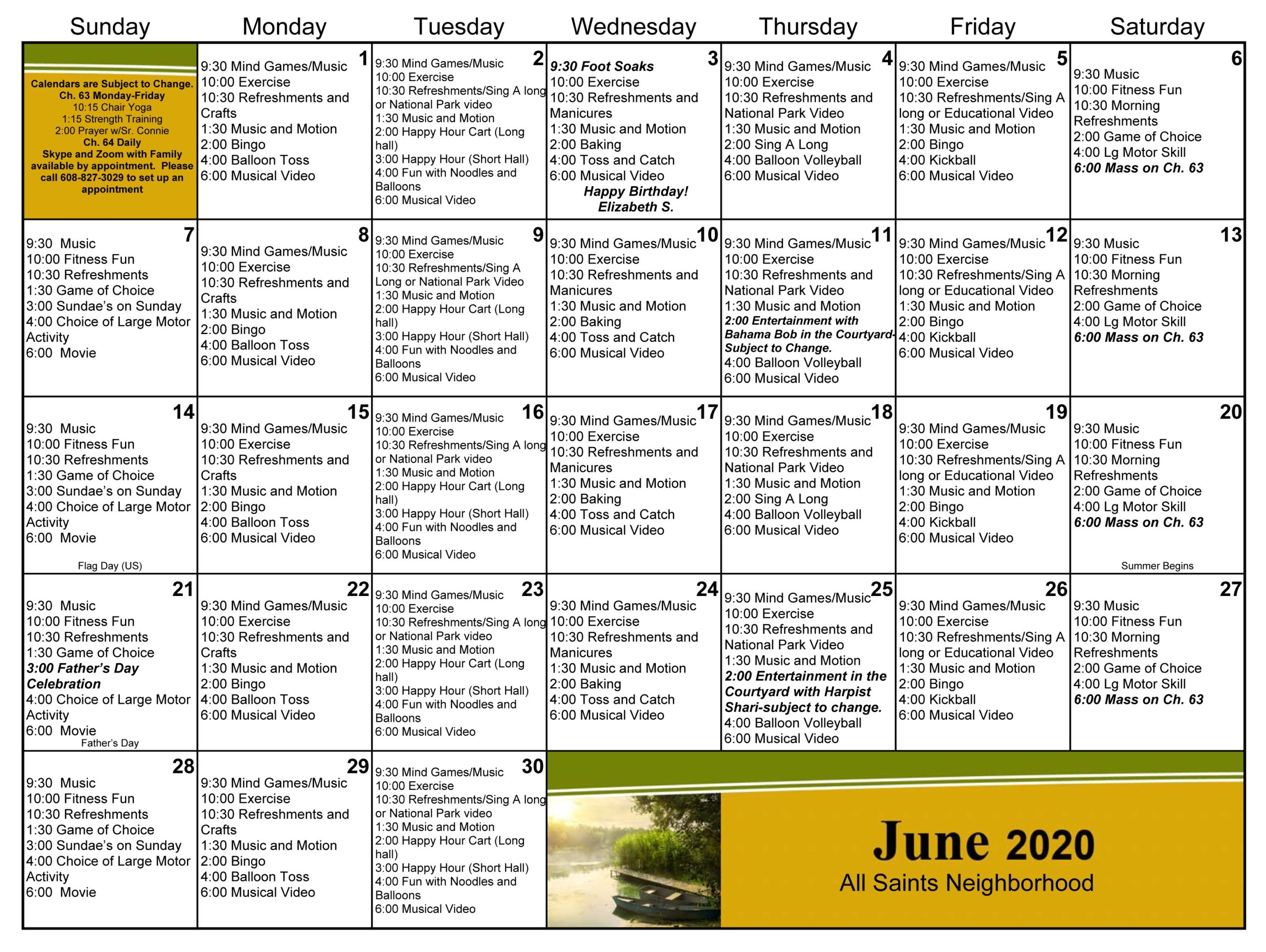 Monthly Calendar | Dementia Care &amp; Alzheimer&#039;s Care In