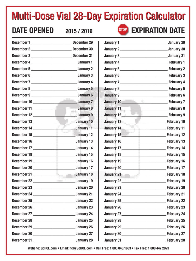 Multi Dose Vial 28 Day Expiration Calendar 2020 - Fill