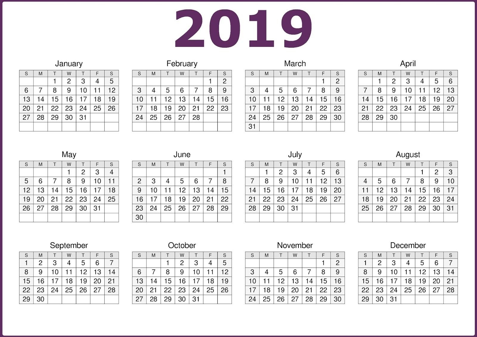 One Page 2019 Printable Calendar Free Download | Calendar