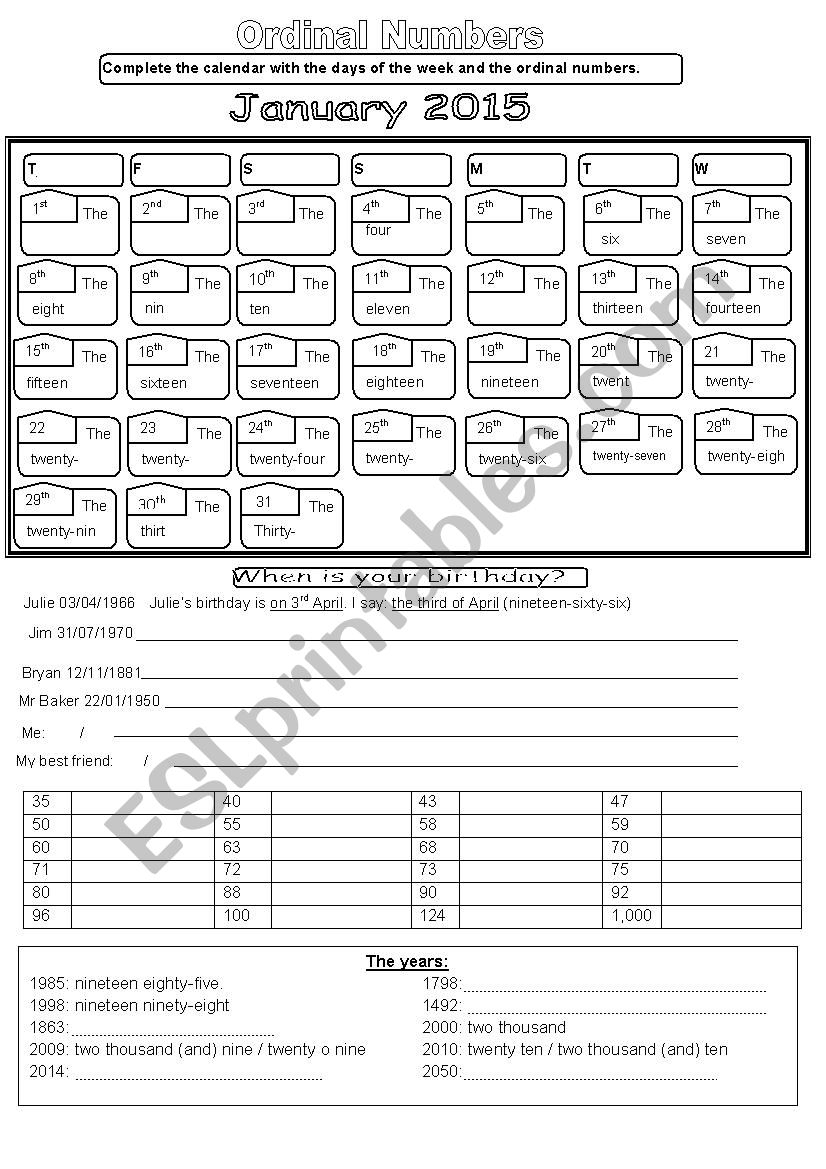 Ordinal Numbers : Calendar January 2015 - Esl Worksheet By Reb77