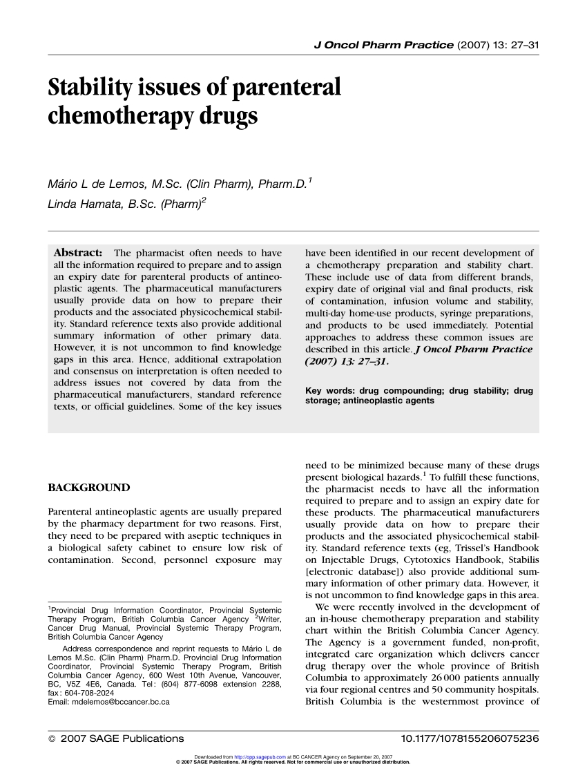 Pdf) Stability Issues Of Parenteral Chemotherapy Drugs
