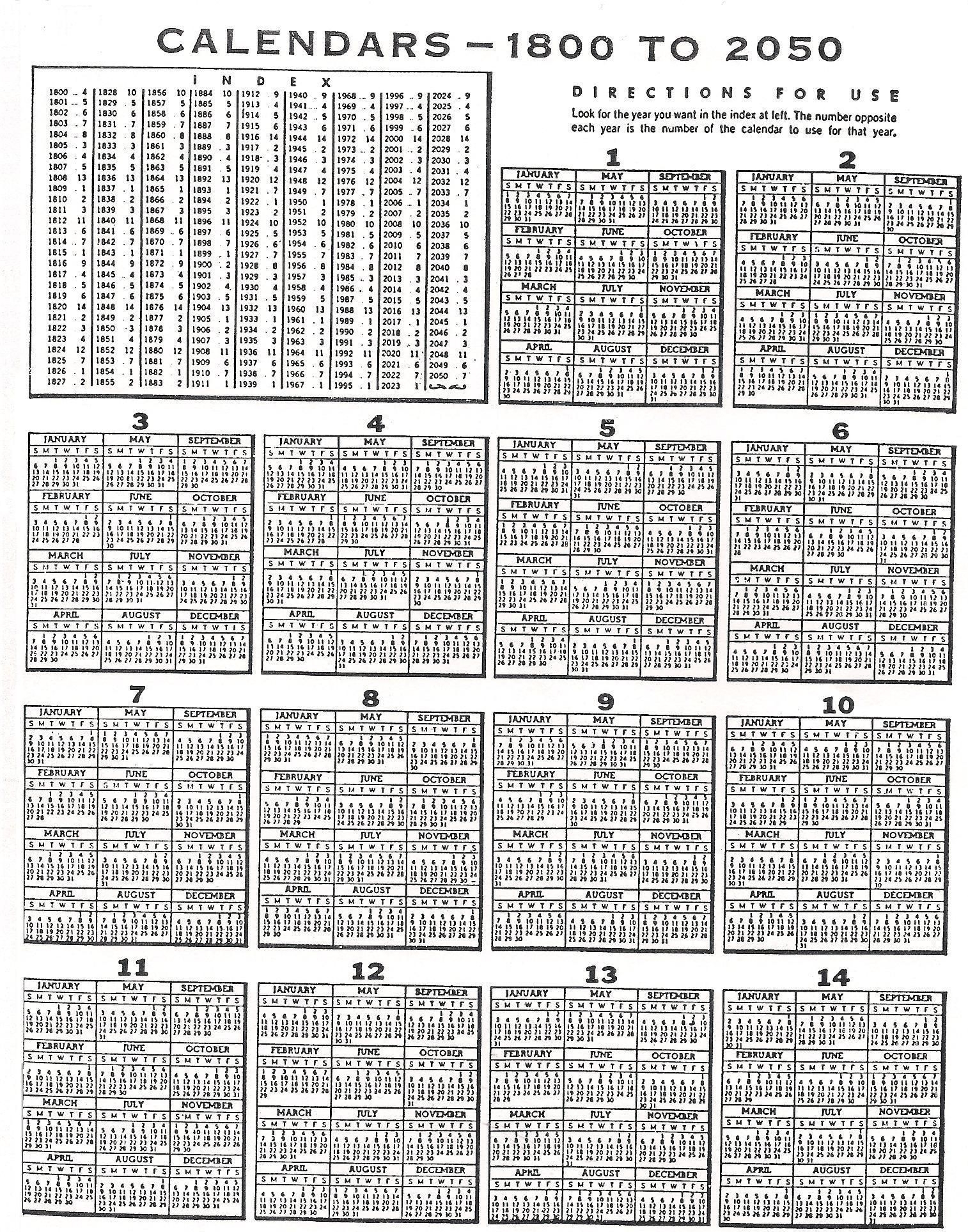 Perpetual Calendar. 1800 To 2050. Look For The Year You Want