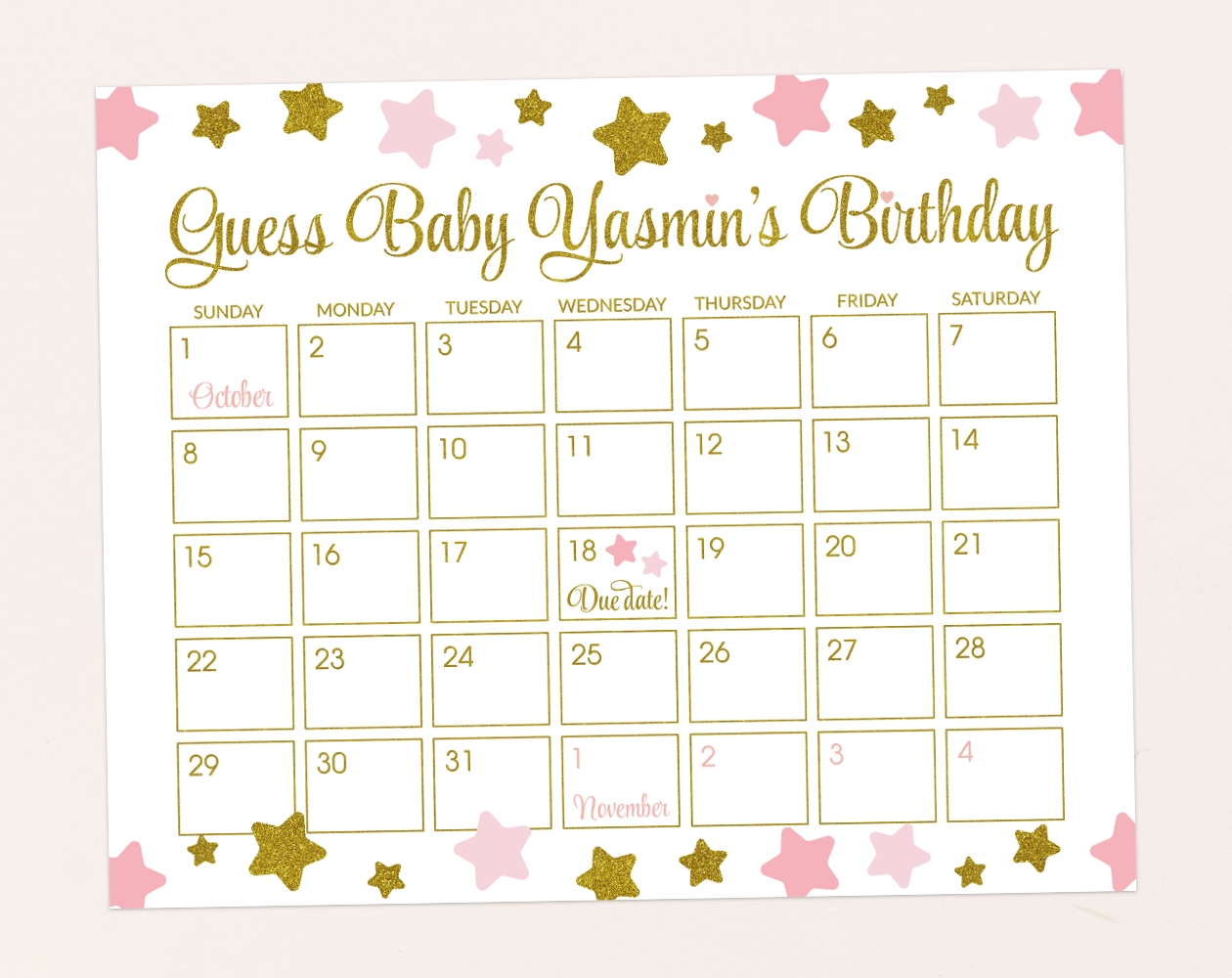 Pink And Gold Stars Guess The Due Date - Baby Shower Game