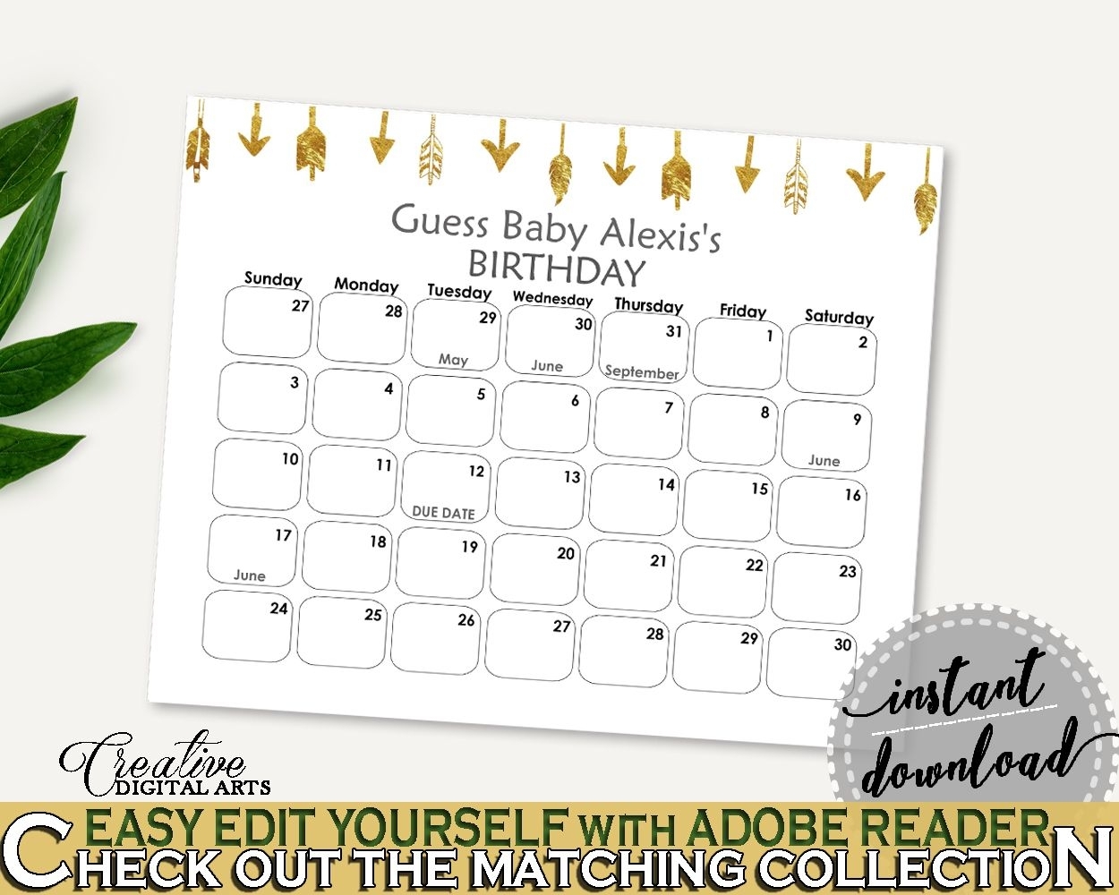 Pink Gold Guess Baby Due Date Calendar Game Printable
