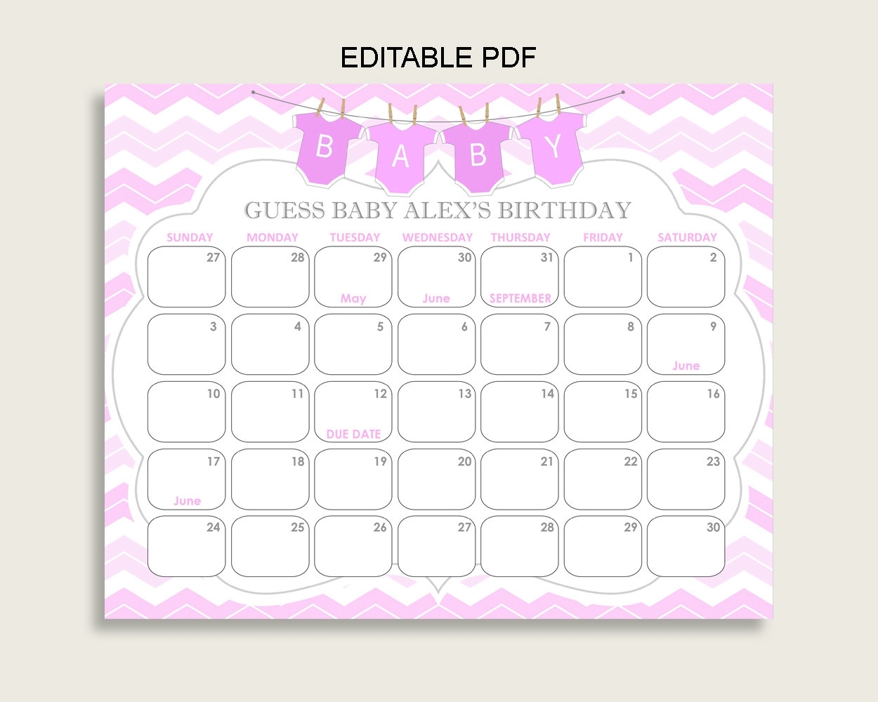 Pink White Guess Baby Due Date Calendar Game Printable, Chevron Baby Shower  Girl Birthday Prediction Calendar Editable, Instant Cp001