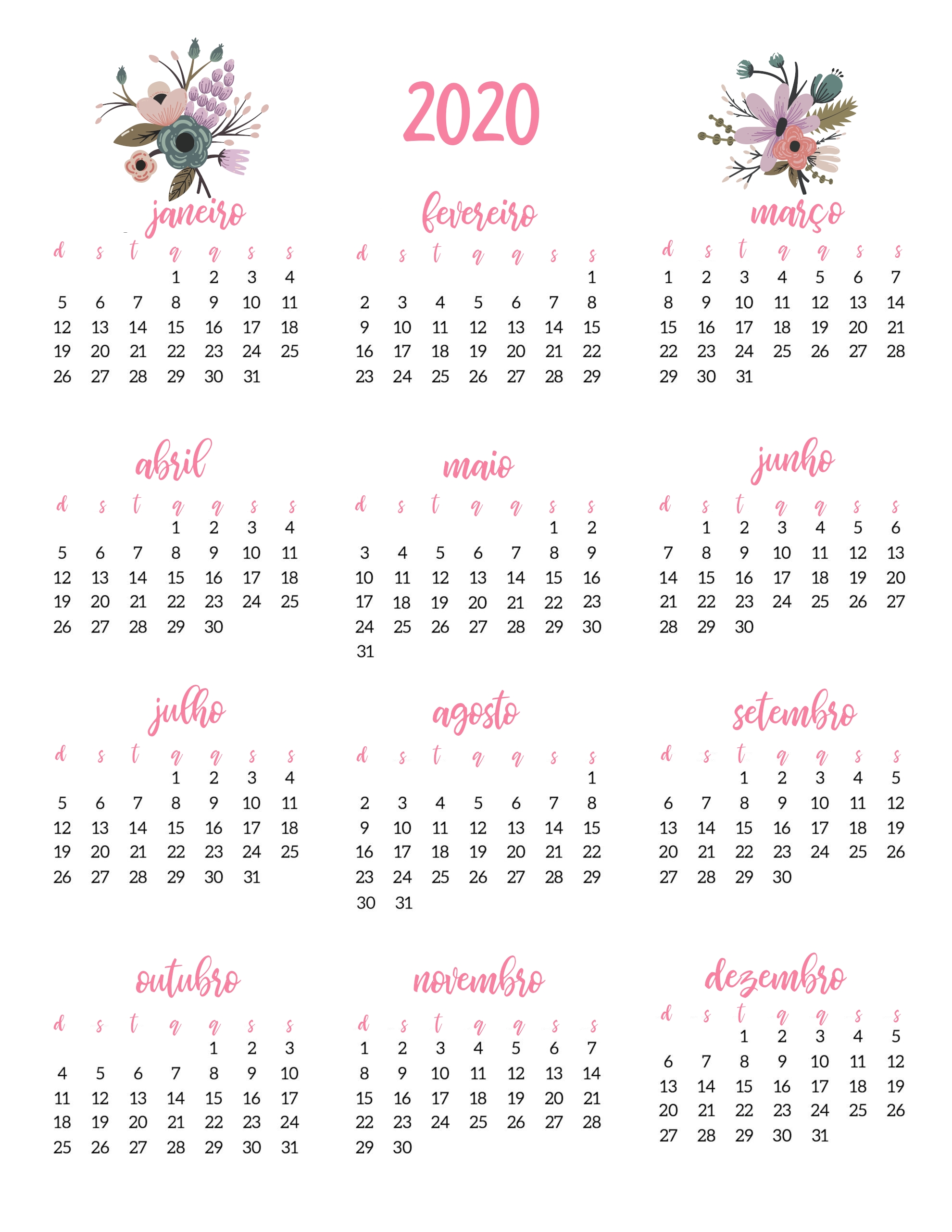 Planner 2020 Floral Rosa Pdf Calendário Feriados Nacionais