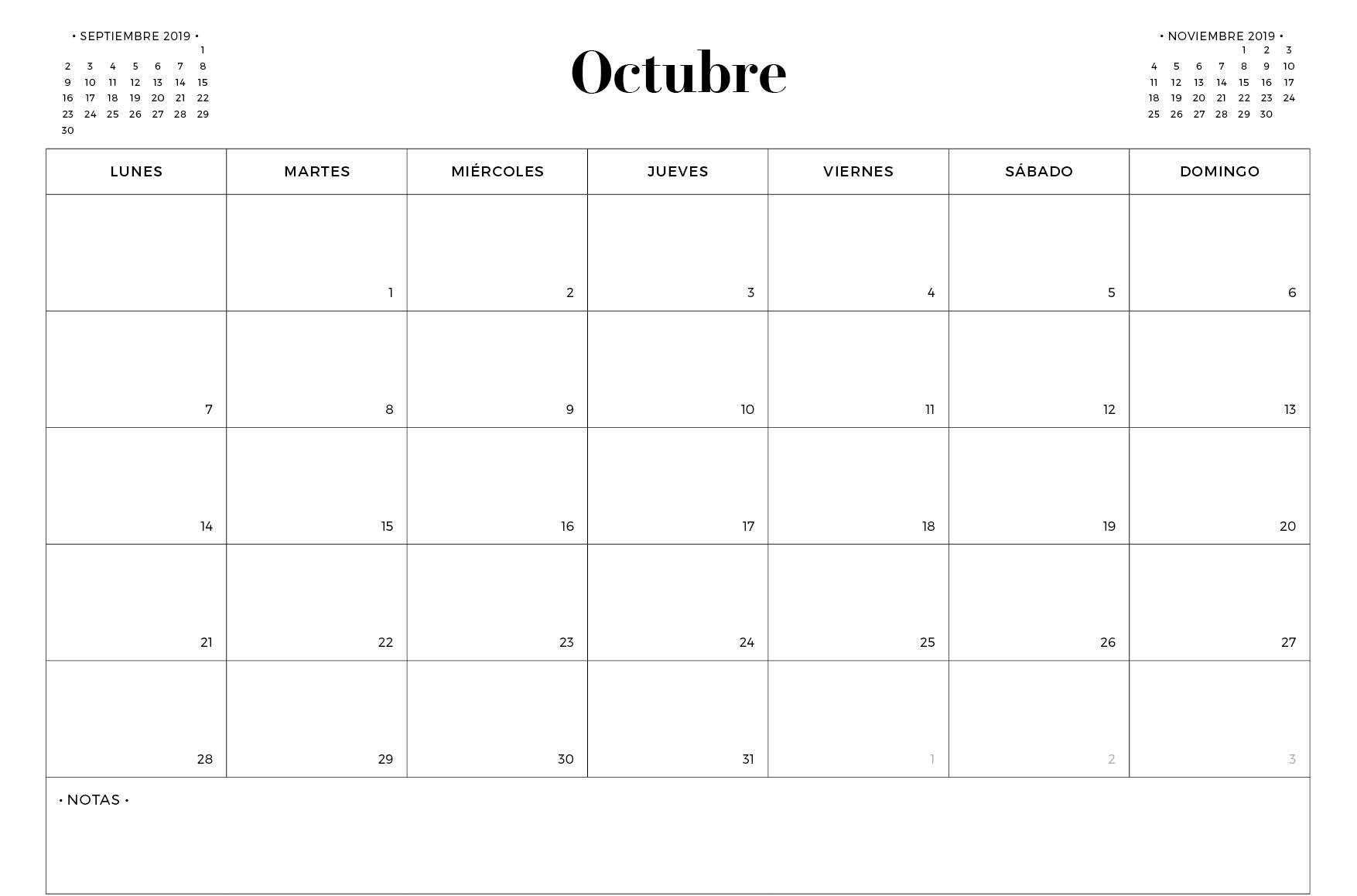 Plantilla Imprimible Del Calendario De Octubre De 2019 En