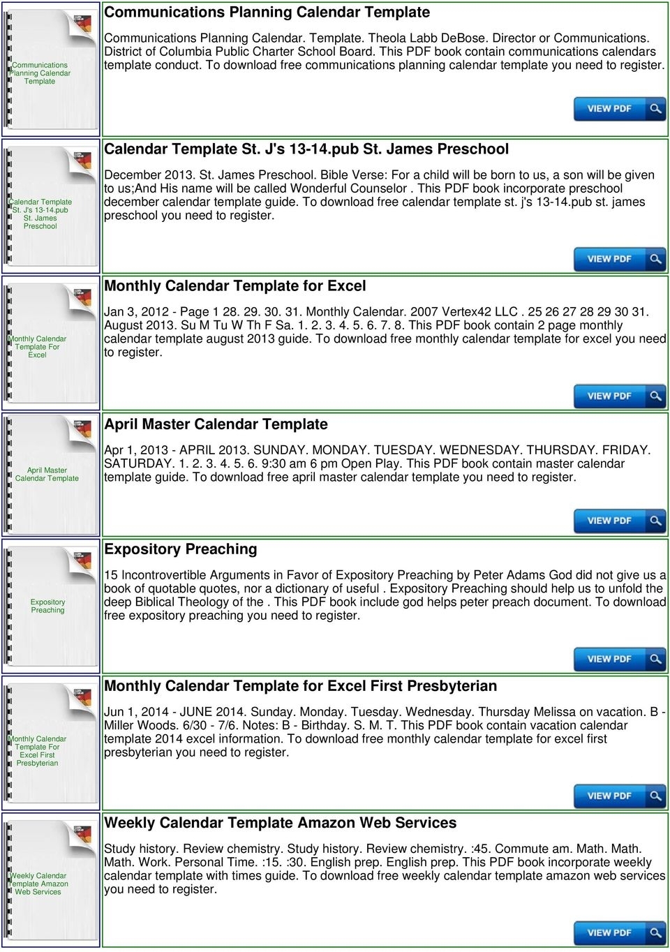 Preaching Calendar Template - Pdf Free Download