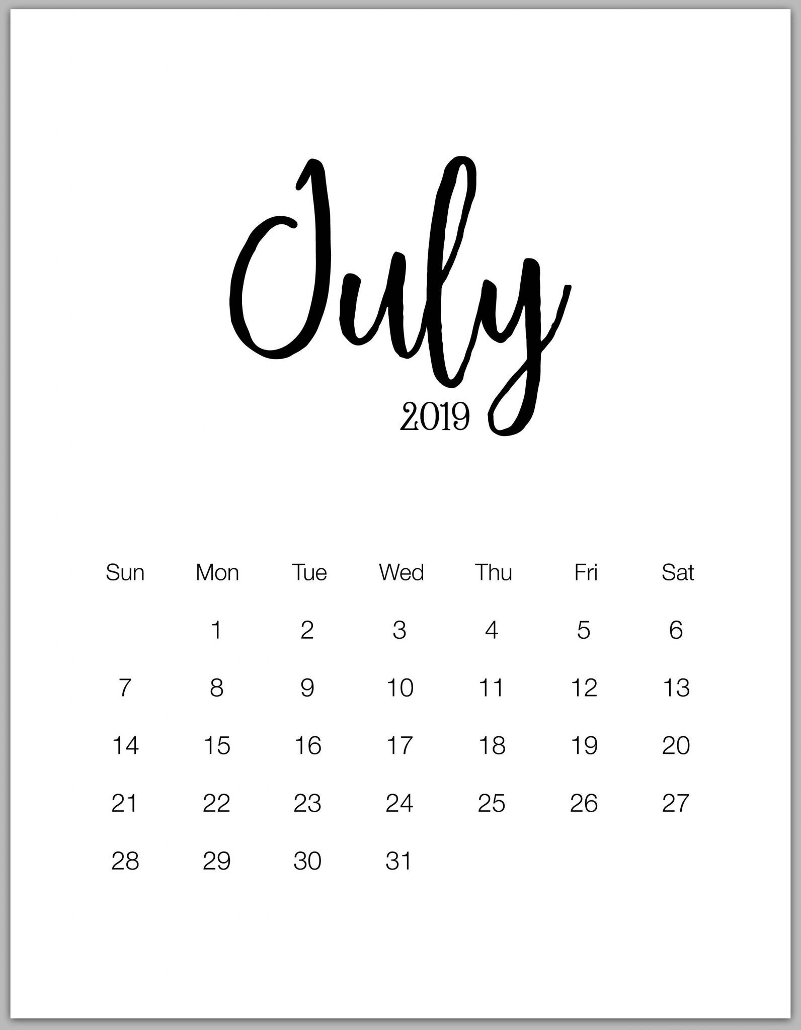 Print Monthly Blank Calendar July 2019 Printable Template