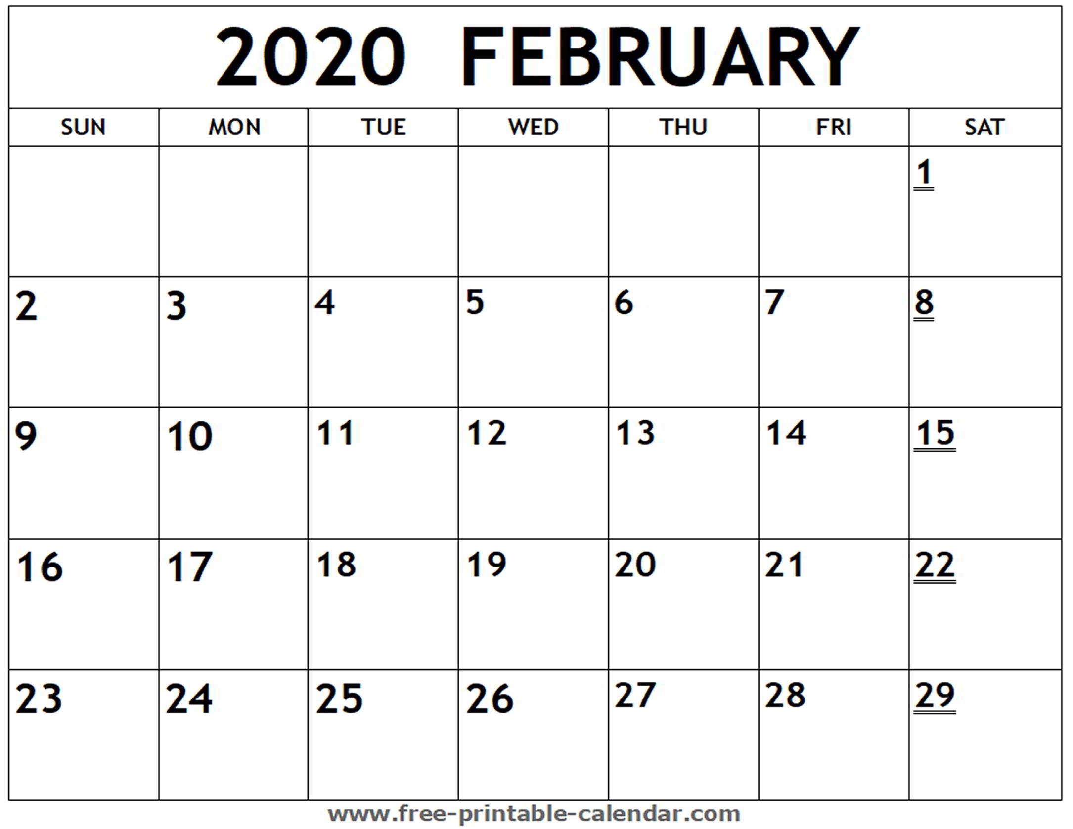 Printable 2020 February Calendar - Free-Printable-Calendar