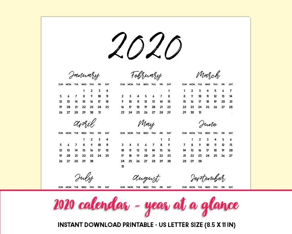 Printable Calendar 2020 Year At A Glance, One Page Calendar, Yearly  Calendar 2020 Planner Inserts