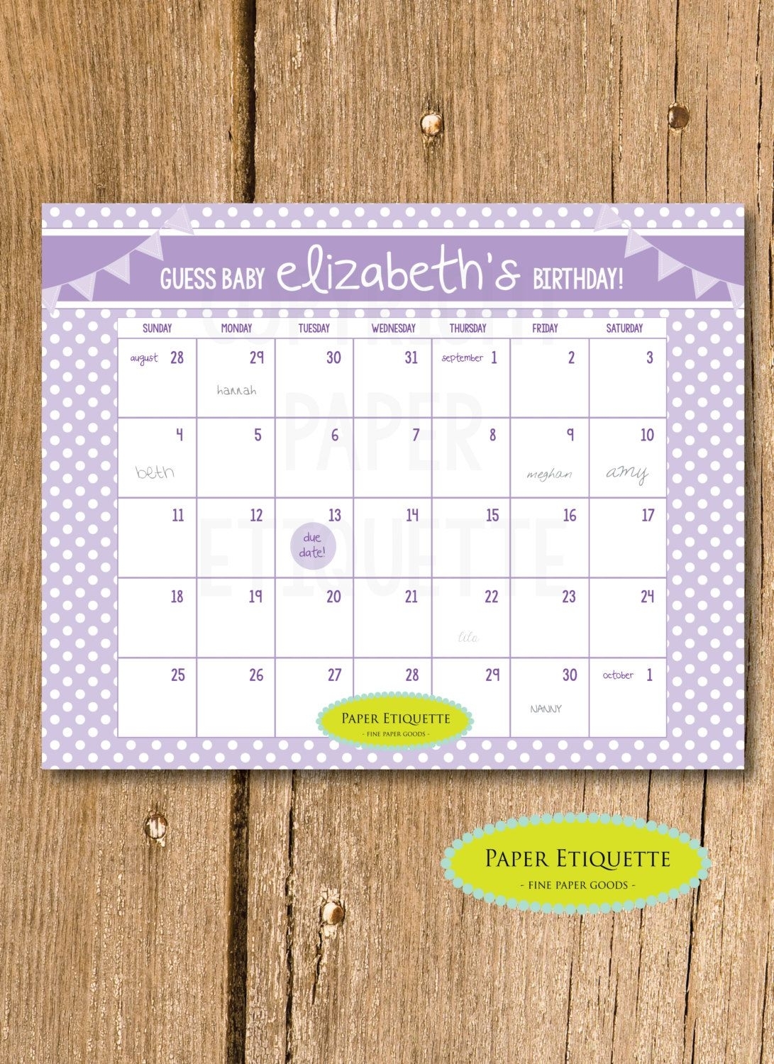 Printable Due Date Calendar - Baby Shower Game - Guess The