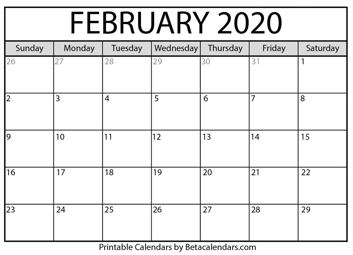Printable February 2020 Calendar - Beta Calendars