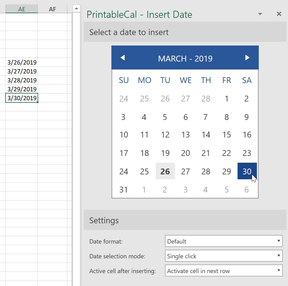 Printablecal | Insert A Date At The Current Cell Or Text