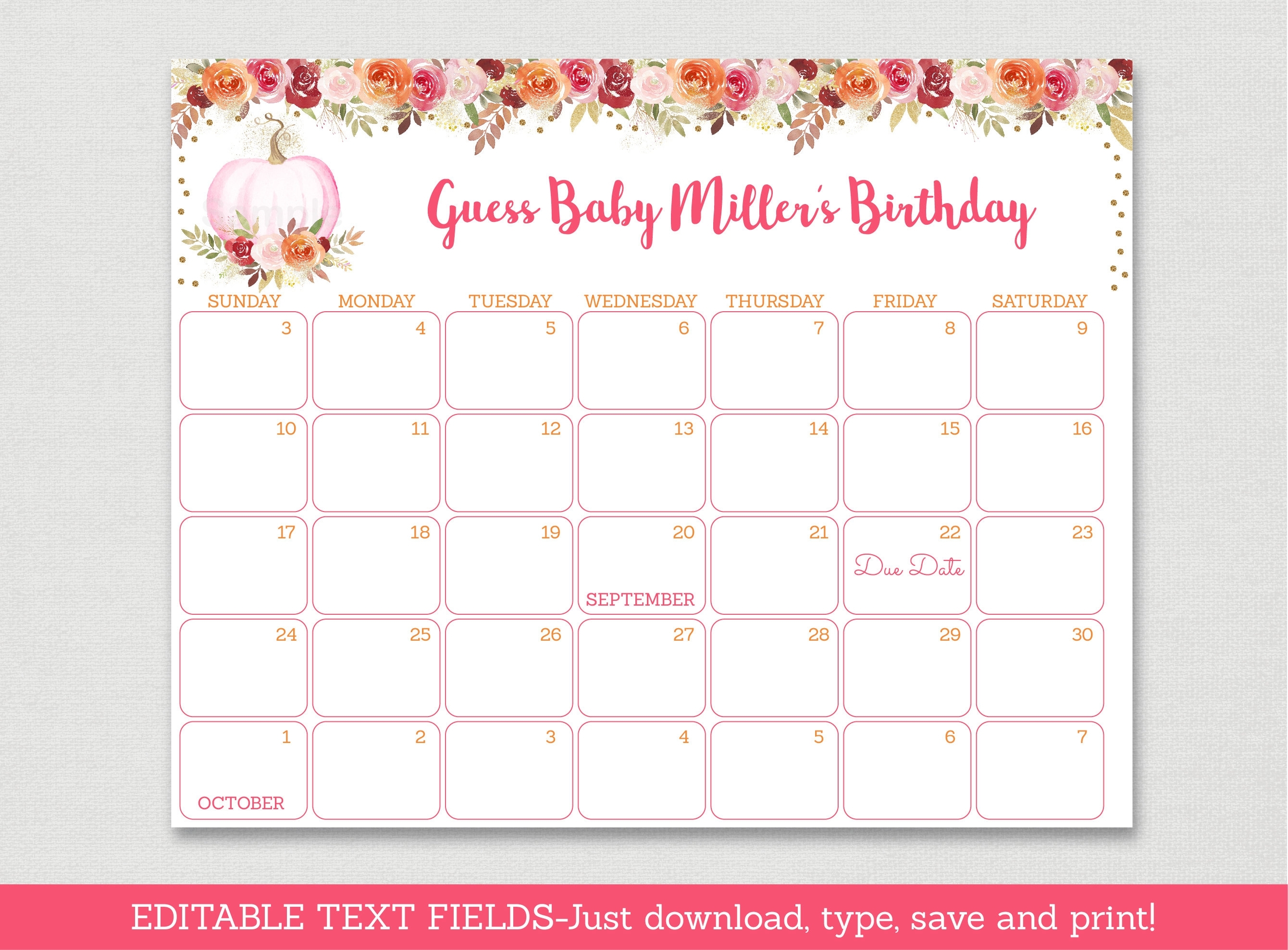 Pumpkin Floral Baby Due Date Calendar / Pumpkin Baby Shower / Fall Baby  Shower / Glitter Pumpkin / Birthday Predictions / Editable Pdf A466