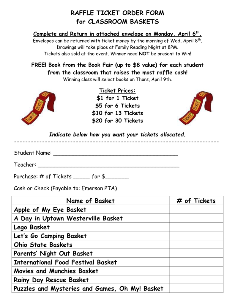 Raffle Ticket Order Form For Classroom Baskets