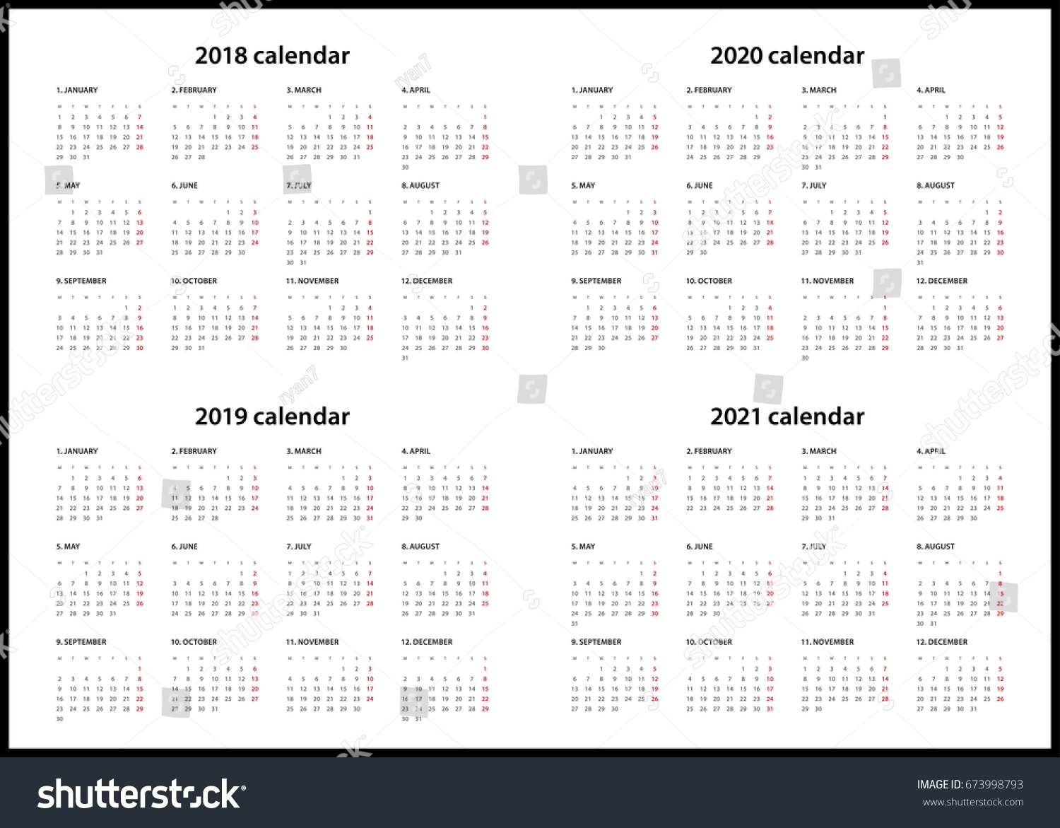 Simple Calendar For 2018, 2019, 2020… Stock Photo 673998793