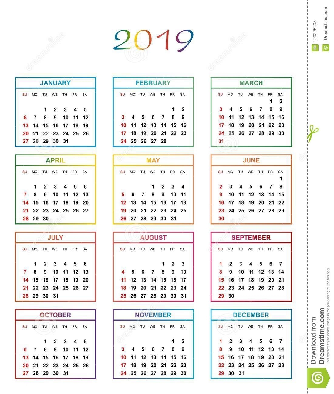 Simple Color Calendar For The Year 2019 With Name Of Day
