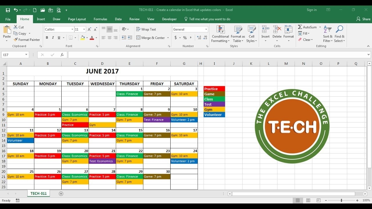 Tech-011 - Create A Calendar In Excel That Automatically Updates Colors By  Event Category