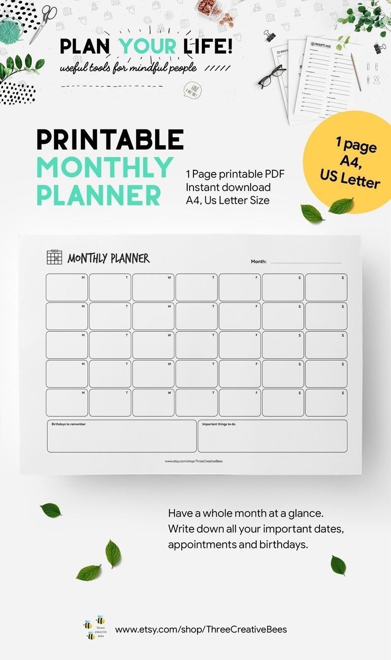 Undated Landscape Monthly Planner Printable, A4 And Us Letter Size