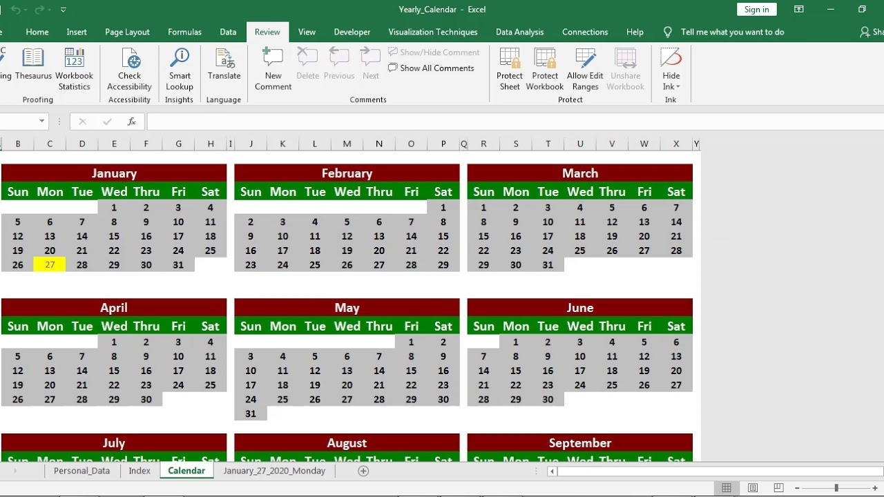 Vba Macros: Year Wise Calendar 2020