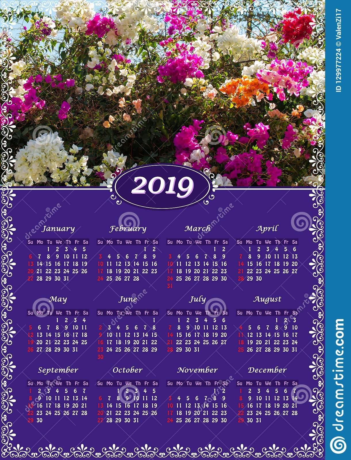 Wall Calendar For 2019 Year, Single Page With Photo Stock