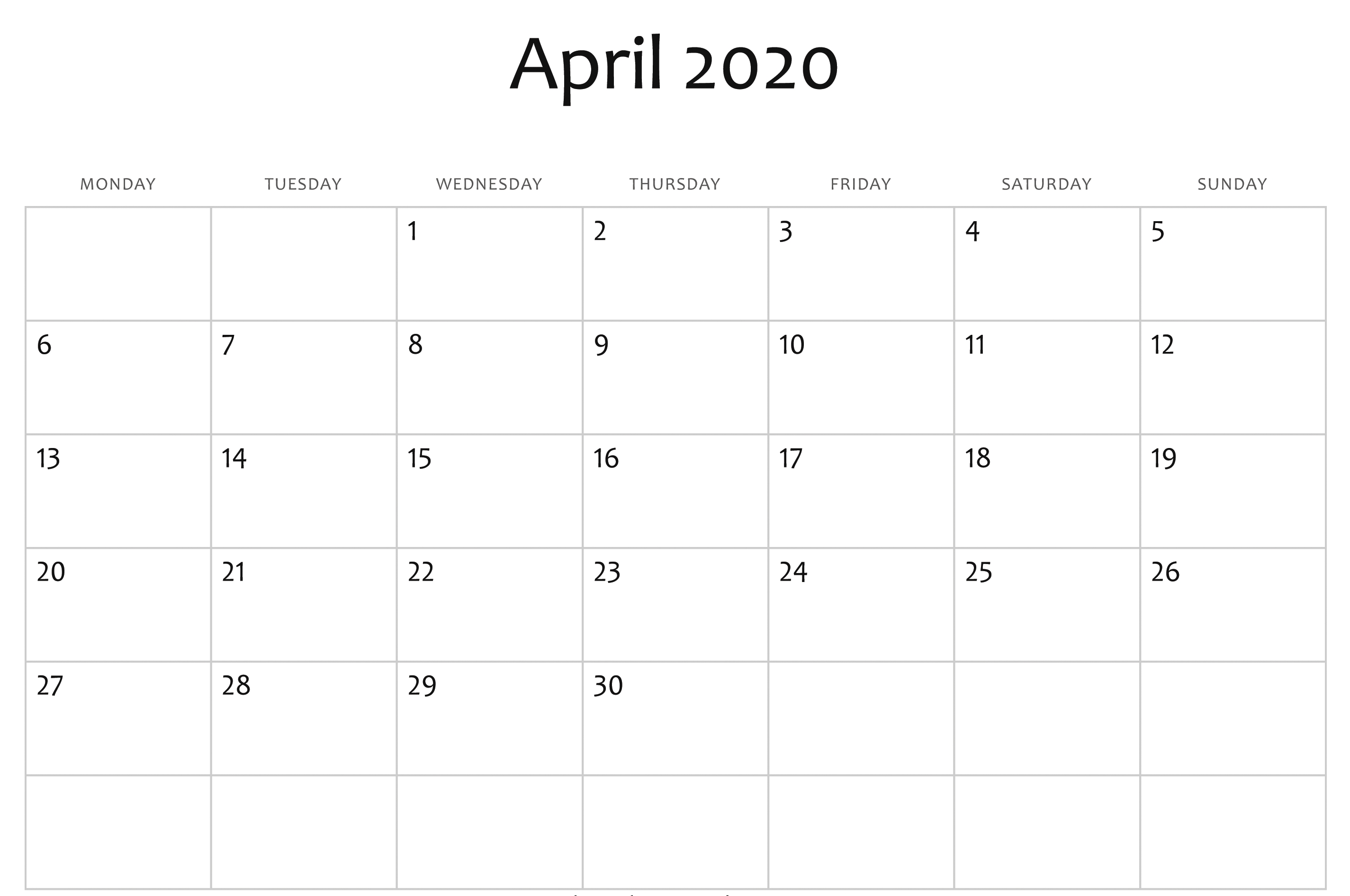 April Calendar 2020 Free Printable Template Pdf Word Excel 1