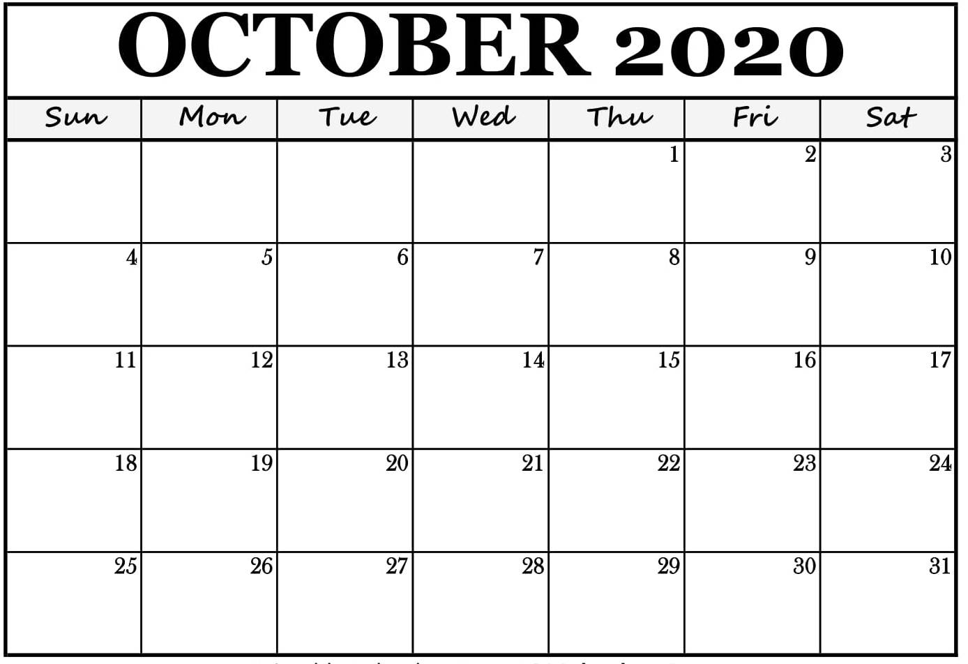 Blank October 2020 Calendar Printable With Notes Pdf - Set