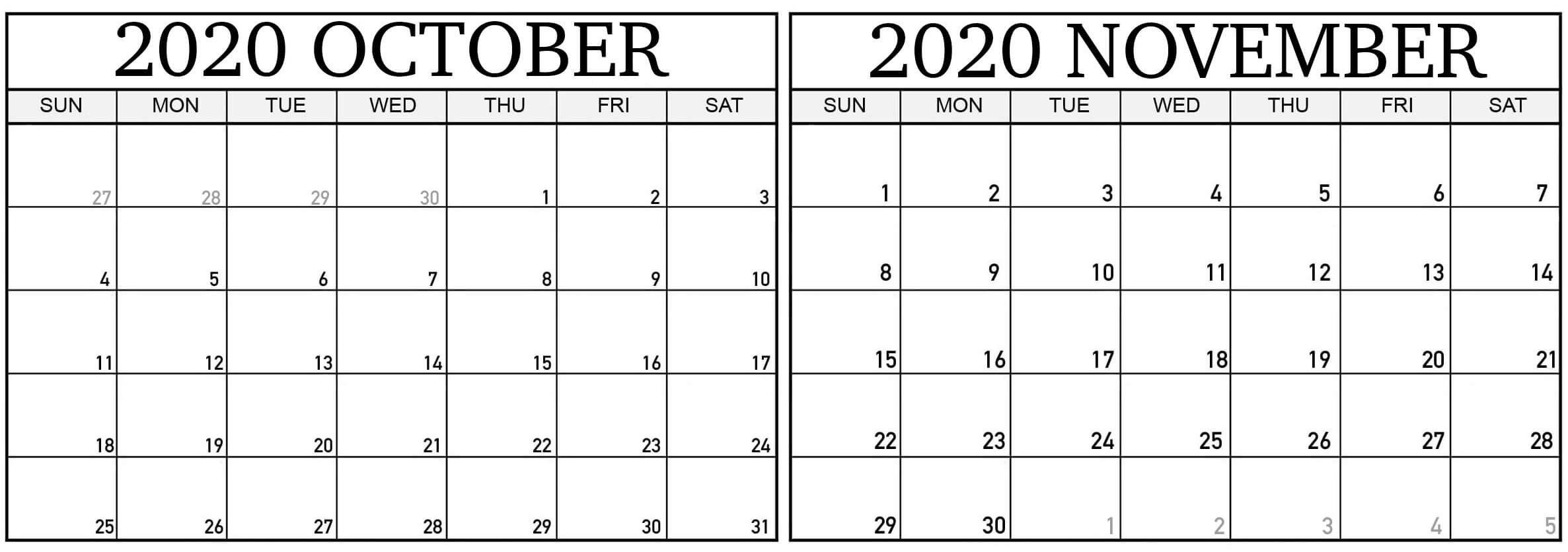 Free 2020 October November Calendar With Holidays - Set Your