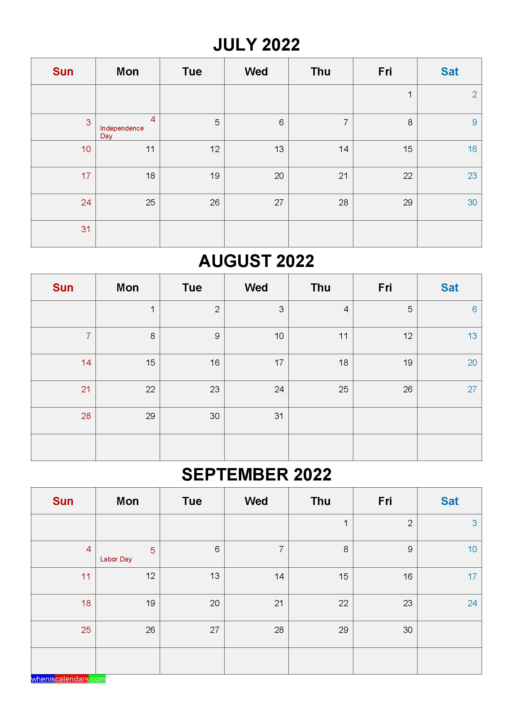 Free Printable July August September 2022 Calendar 3 Months