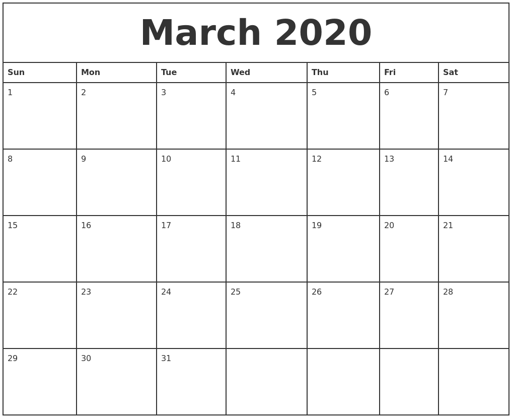 March 2020 Printable Monthly Calendar