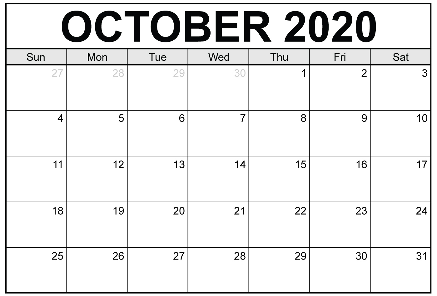 Monthly Calendar October 2020 Printable Template - Set Your