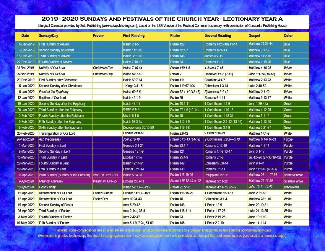 Lutheran Church Free Printable Liturgical Calendar 2021 / 20