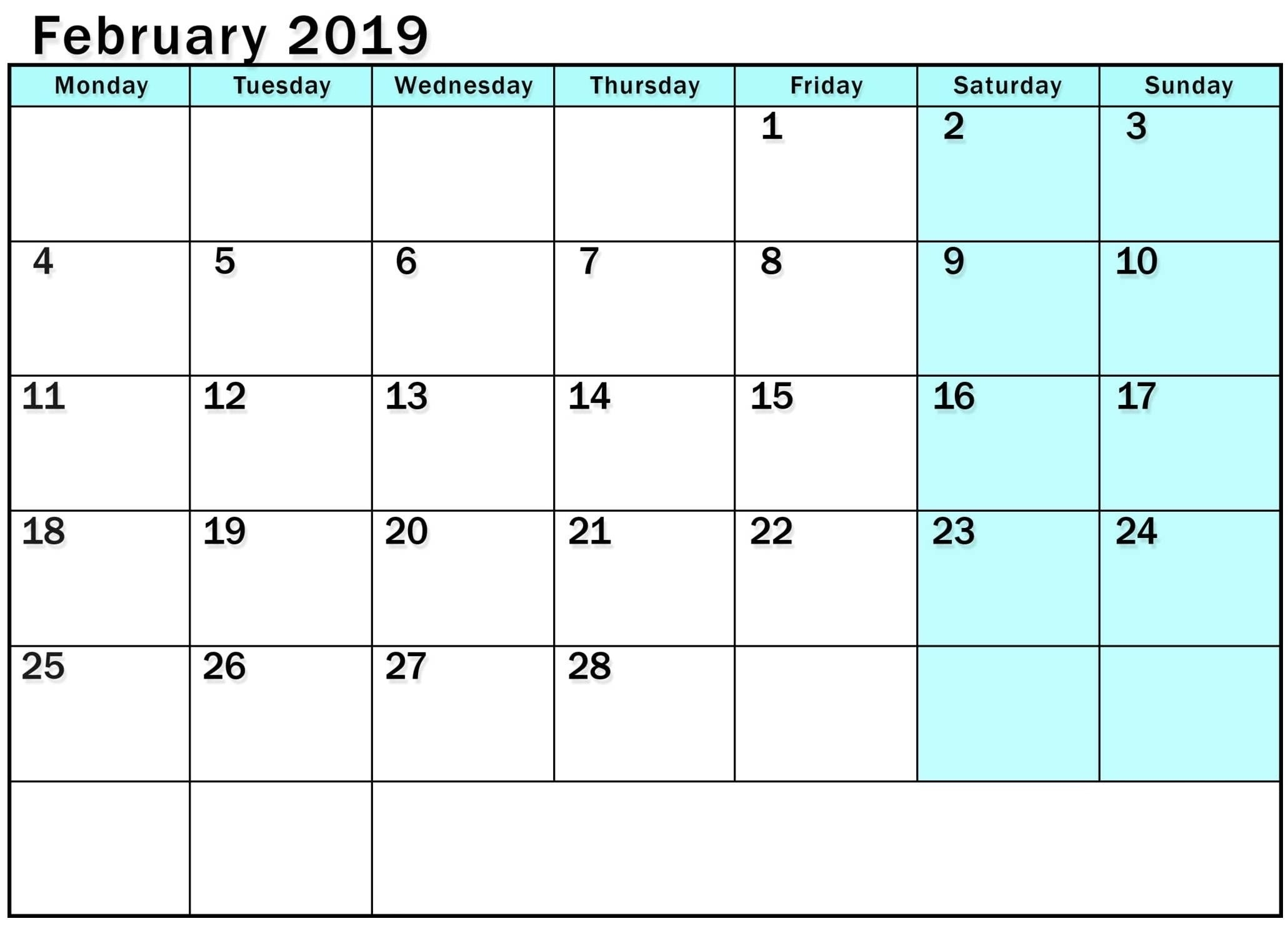 2019 Monday Through Sunday Calendar – Template Calendar Design