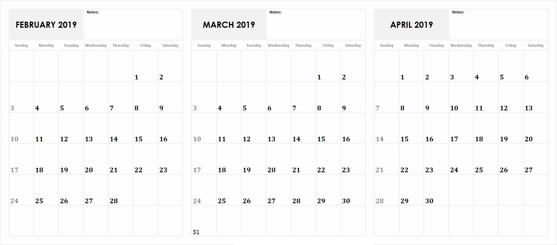 3 Month Calendar February, March, April 2019 Calendar | February Calendar, 2019 Calendar