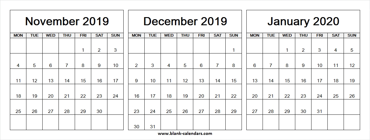 3 Month Calendar November December 2019 January 2020 | Blank Month