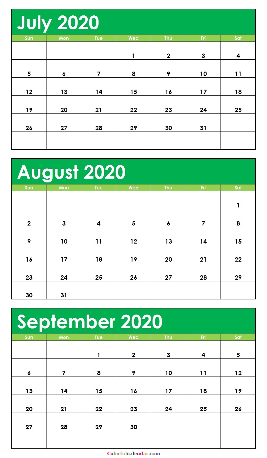 3 Month Printable Calendar 2020 July August September | Example Calendar Printable