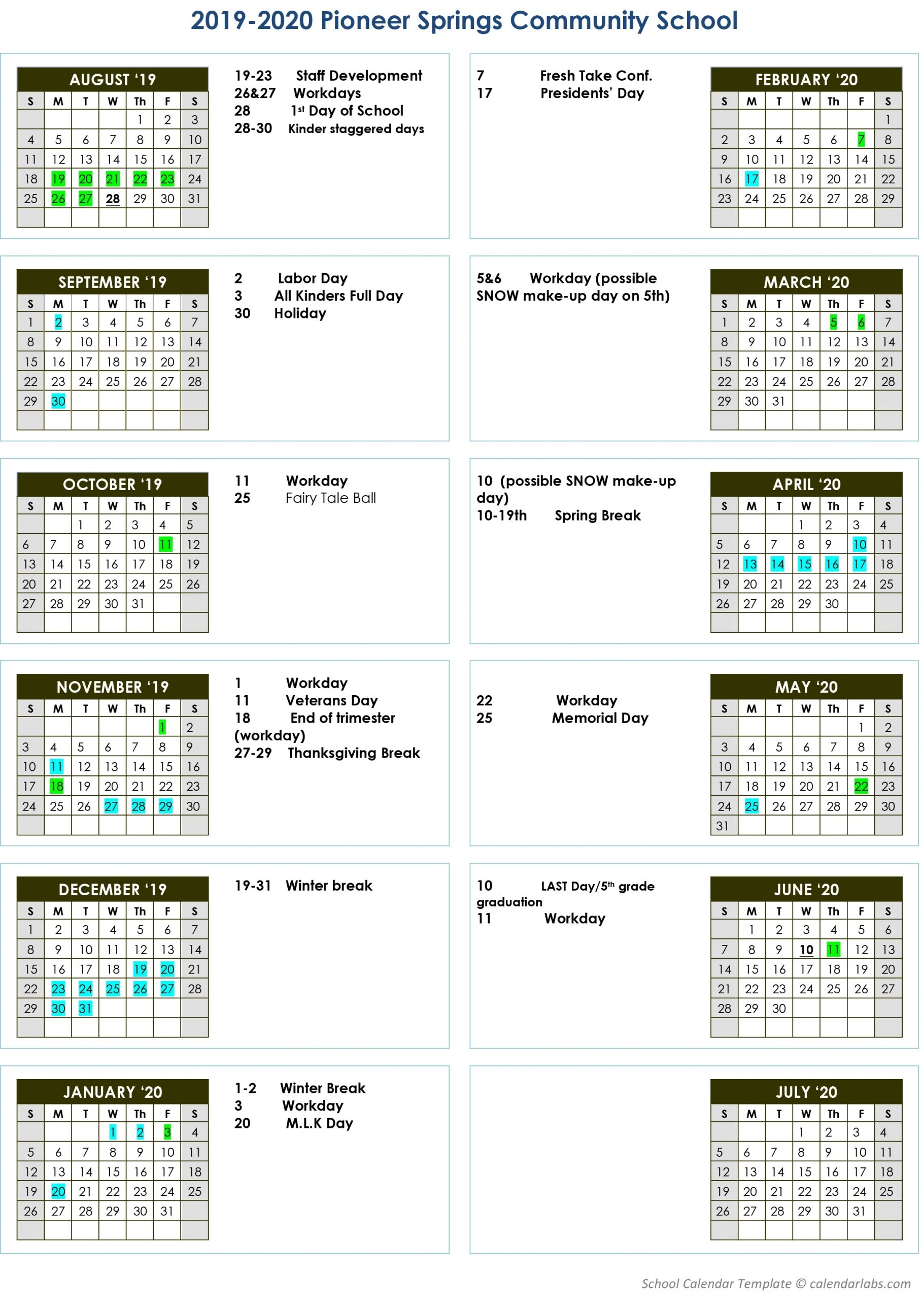 Academic Calendar - Pioneer Springs Community School Inc