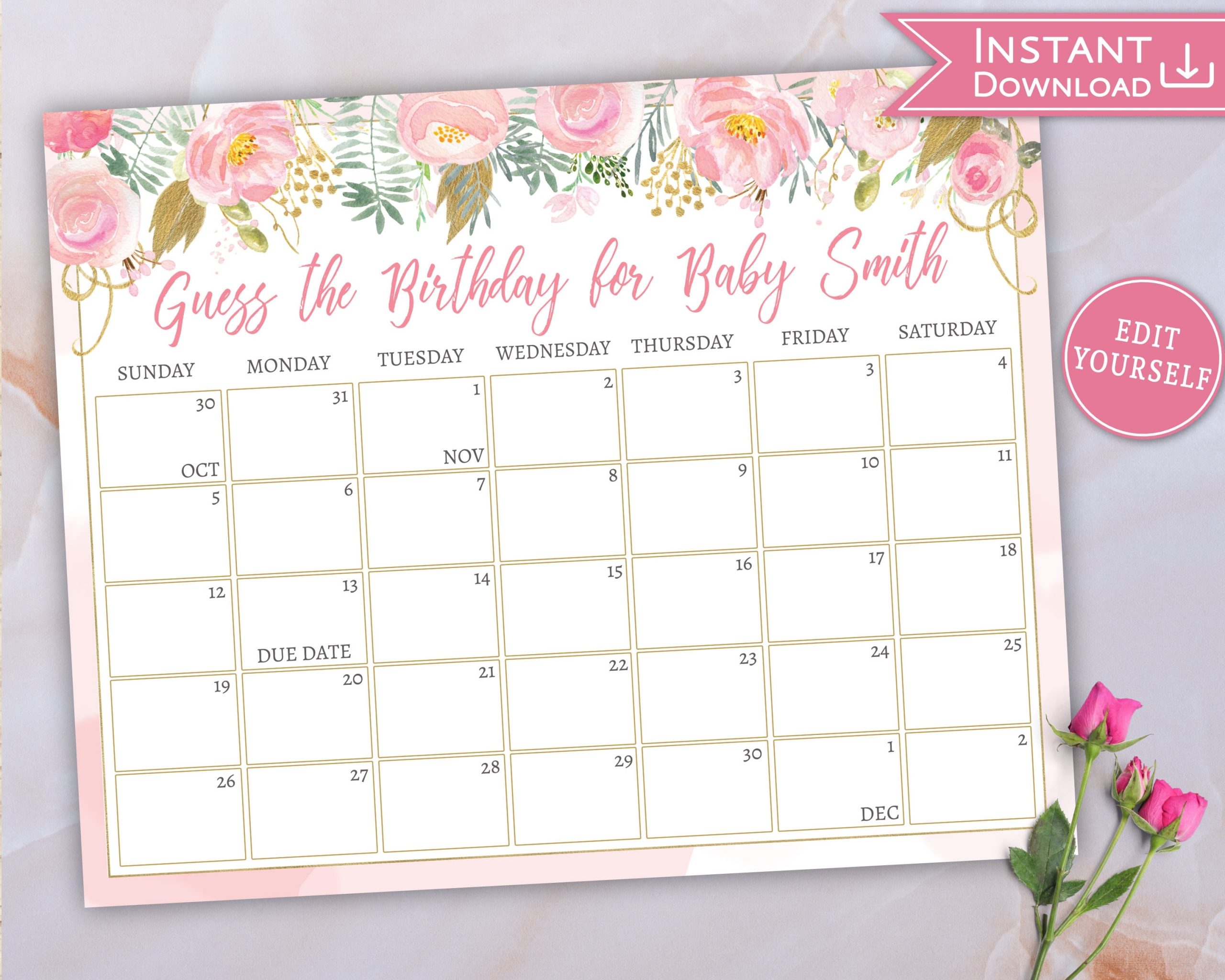 Baby Due Date Calendar Guess Babys Birthday Floral Pink Gold