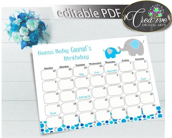 Baby Shower Boy Guess Baby Birthday Due Date Calendar Editable With Aqua Blue Elephant Color