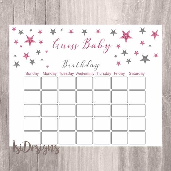 Baby Shower Guess Baby&#039;S Birthday, Instant Download, Pink And Silver Twinkle Star Printable