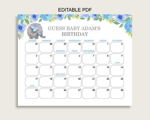 Blue Gray Guess Baby Due Date Calendar Game Printable, Elephant Blue Baby Shower Boy Birthday