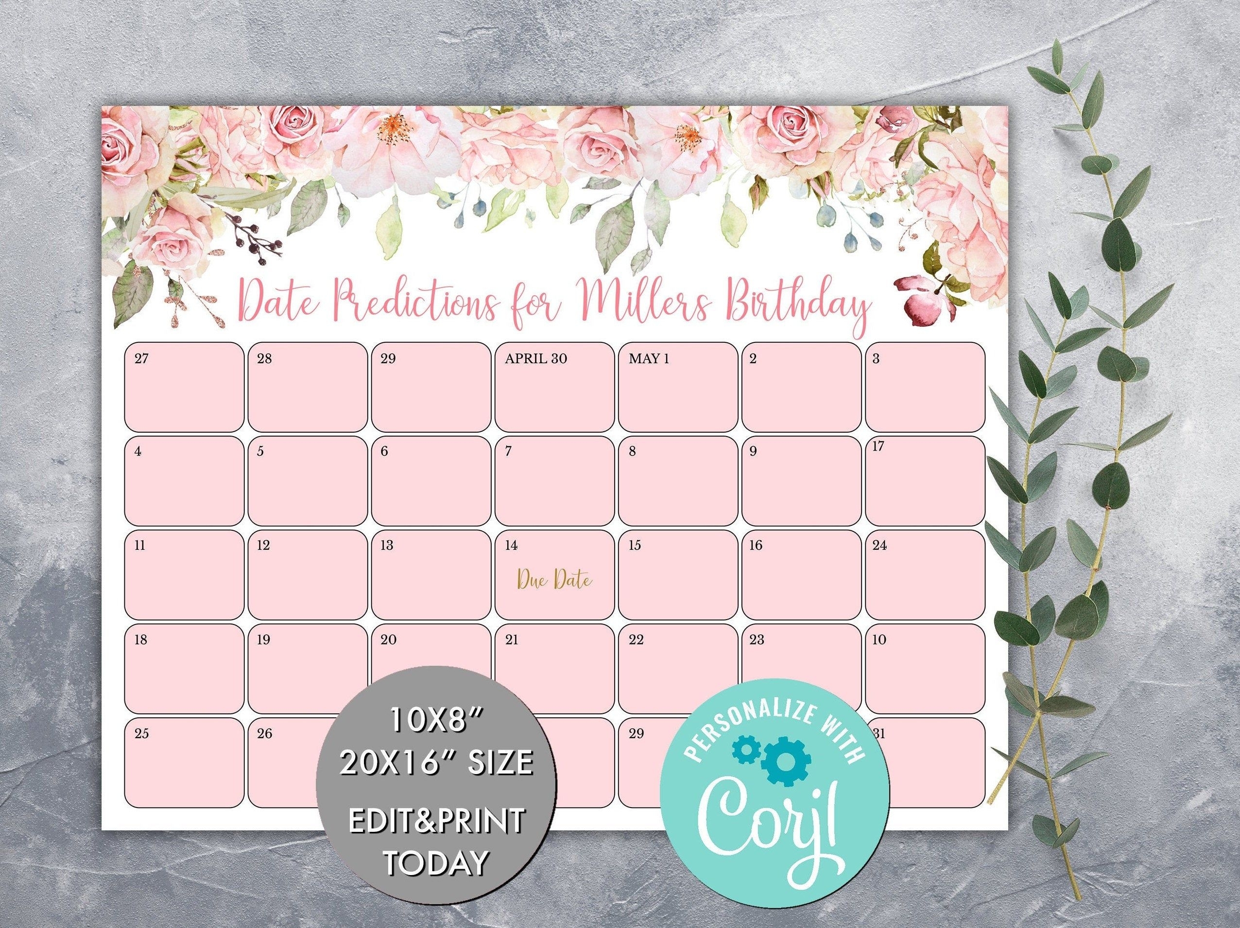 Editable Guess Baby&#039;S Due Date Calendar Game, Pink Floral Baby&#039;S Birthday Prediction Calendar