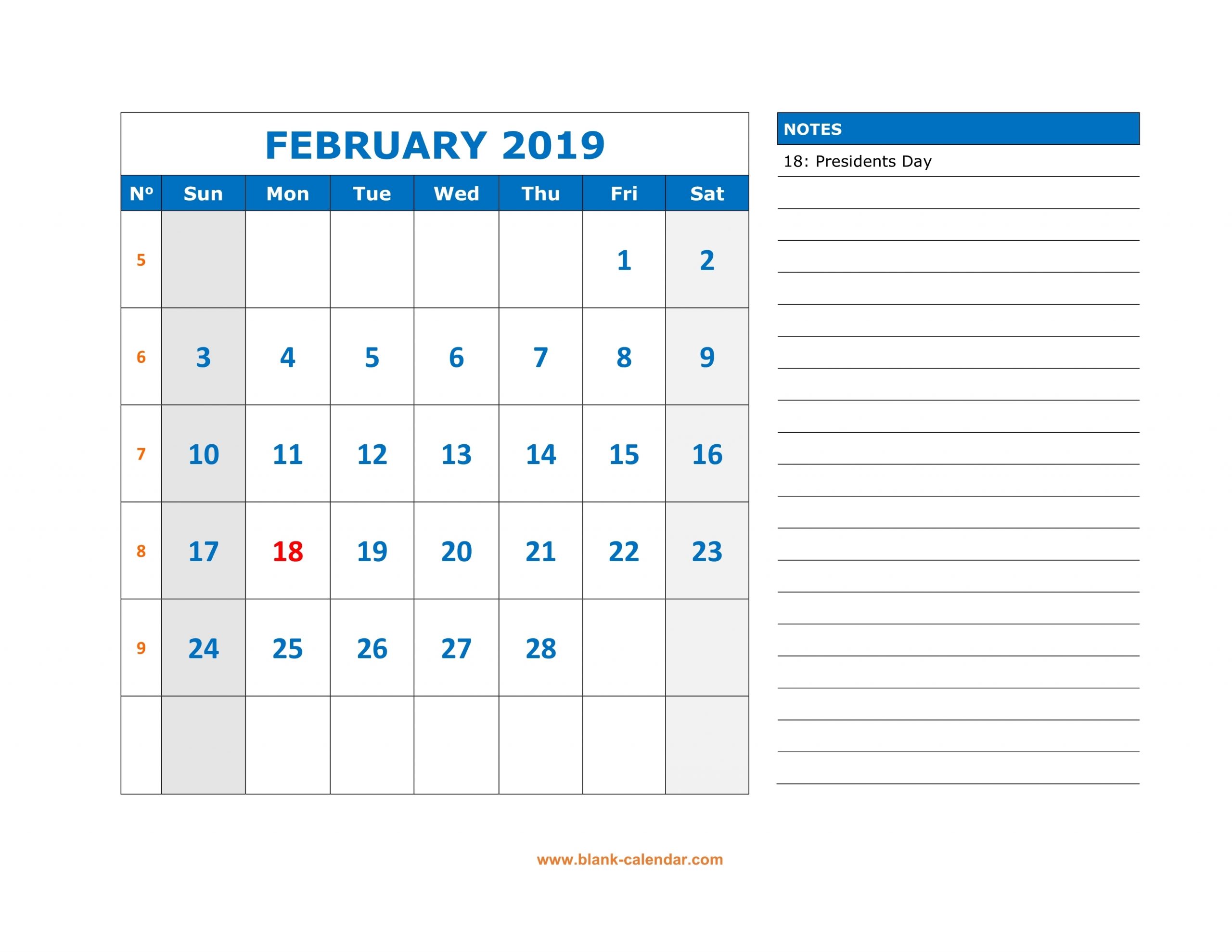 February 2019 Calendar With Notes