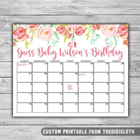 Floral Pink Baby Shower Due Date Calendar By Thedigisloth | Baby Due Date Calendar, Due Date