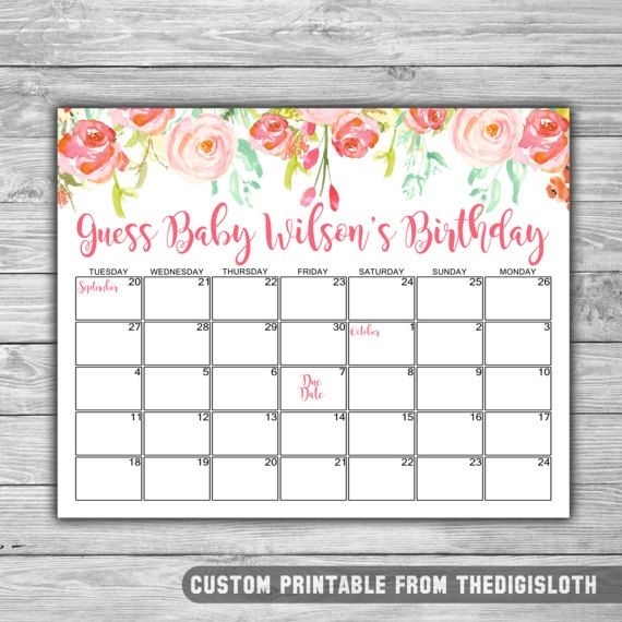 Floral Pink Baby Shower Due Date Calendar By Thedigisloth | Baby Due Date Calendar, Due Date